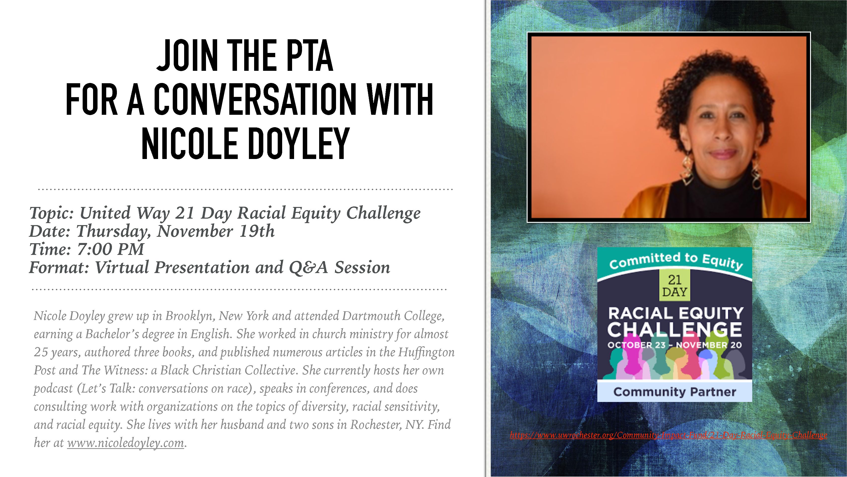 Join the PTA for a conversation with Nicole Doyley